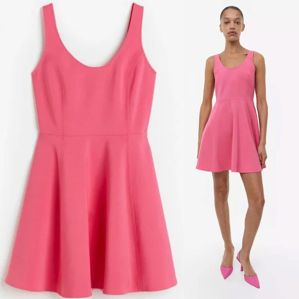 Hot Pink Fitted Skated Dress - FLARED-SKIRT MINI DRESS - Short Sleeveless Mini
